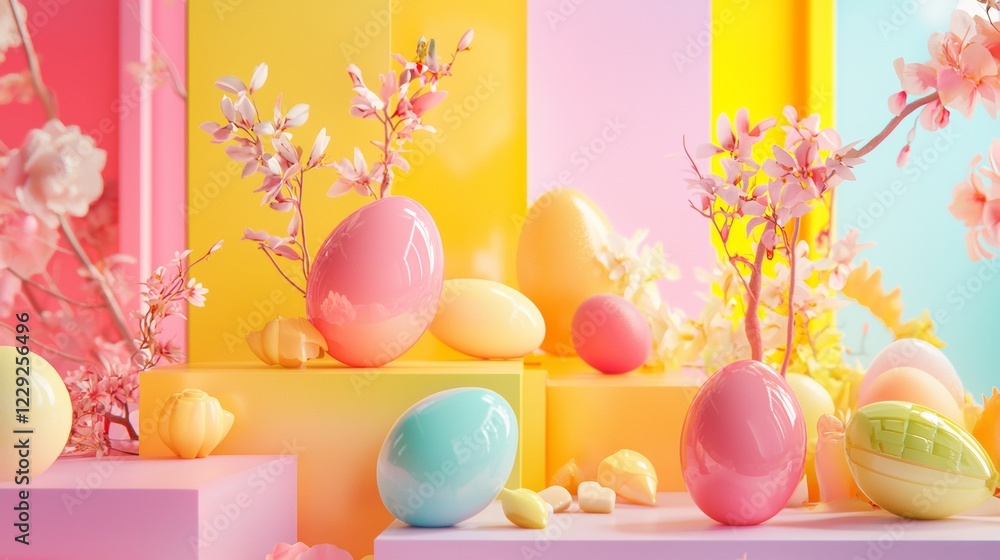 Pastel Easter decor with eggs and cherry blossoms Pastel Easter decor with eggs and cherry blossoms