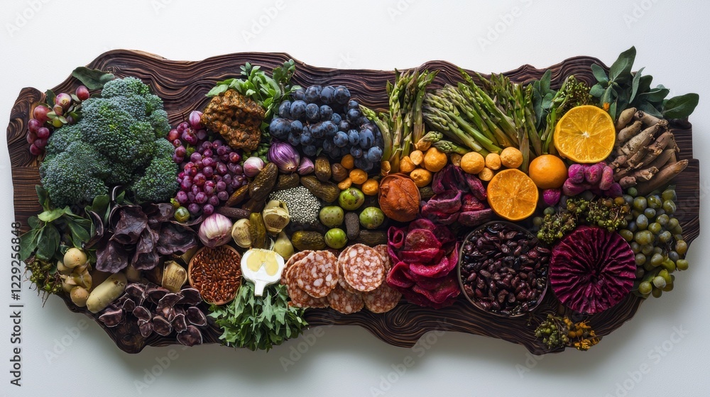 Fototapeta premium Flat lay of a large wooden platter filled with a variety of fresh fruits and vegetables. the platter is rectangular in shape and has a dark brown finish.