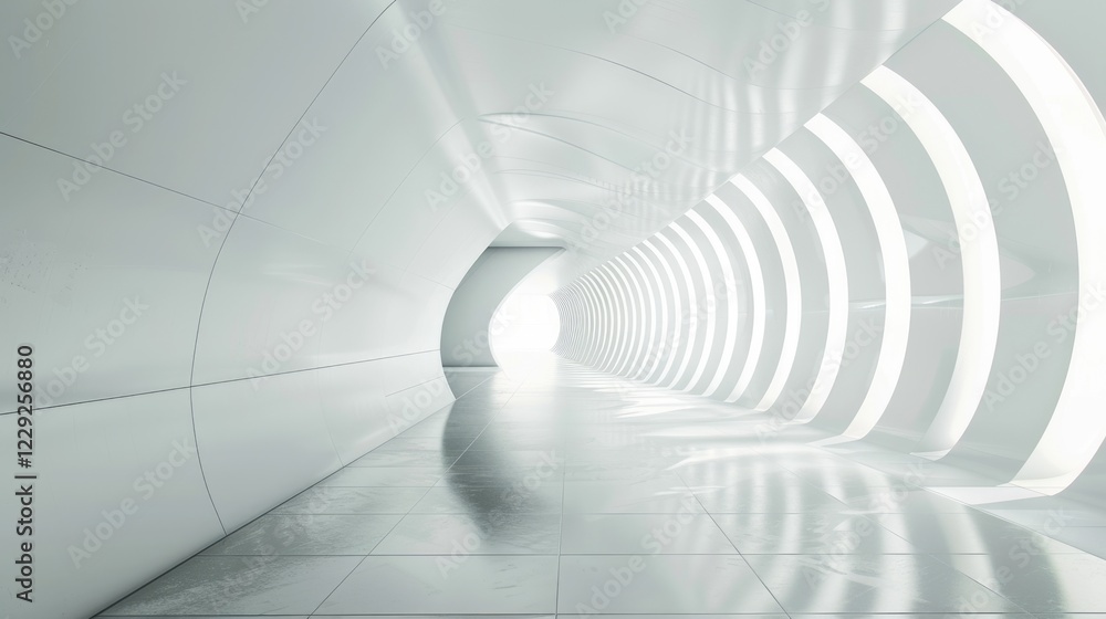 Naklejka premium Futuristic white hallway with glowing LED lights. Modern architectural interior design. Digital artwork of building interior with white color and curving structure. Architectural building. AIG51.