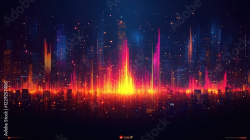 Vibrant digital cityscape with colorful sound wave patterns illuminating the skyline at night photo