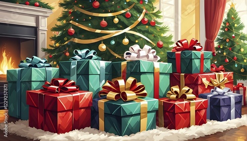 Abstract illustration of wrapped Christmas gifts, shiny ribbons and bows, stacked under a evergreen tree in a cozy living room, AI generated