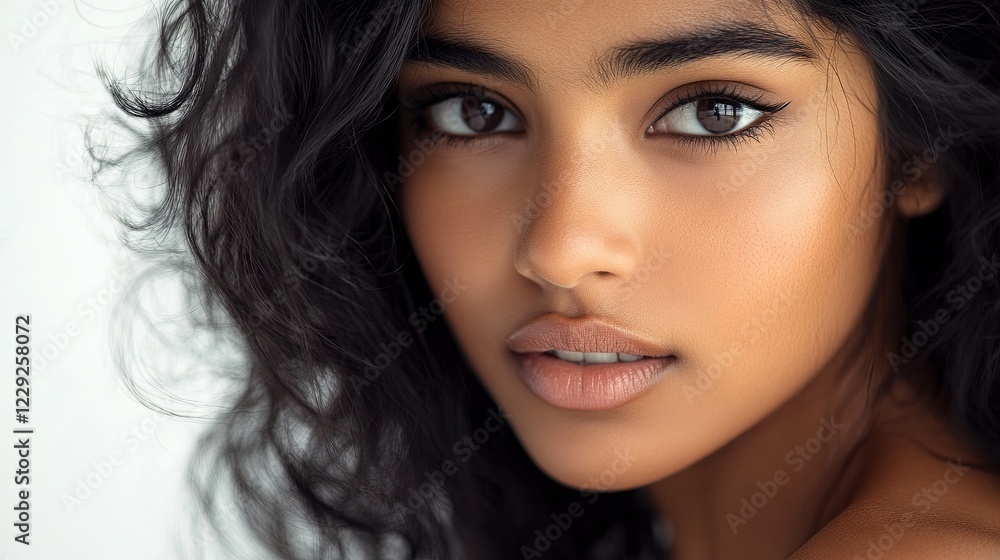 A close-up portrait of a beautiful young woman with dark black hair, and a serene expression, showcasing natural beauty and elegance and tranquility, professional studio portrait photography. White ba A close-up portrait of a beautiful young woman with dark black hair, and a serene expression, showcasing natural beauty and elegance and tranquility, professional studio portrait photography. White ba
