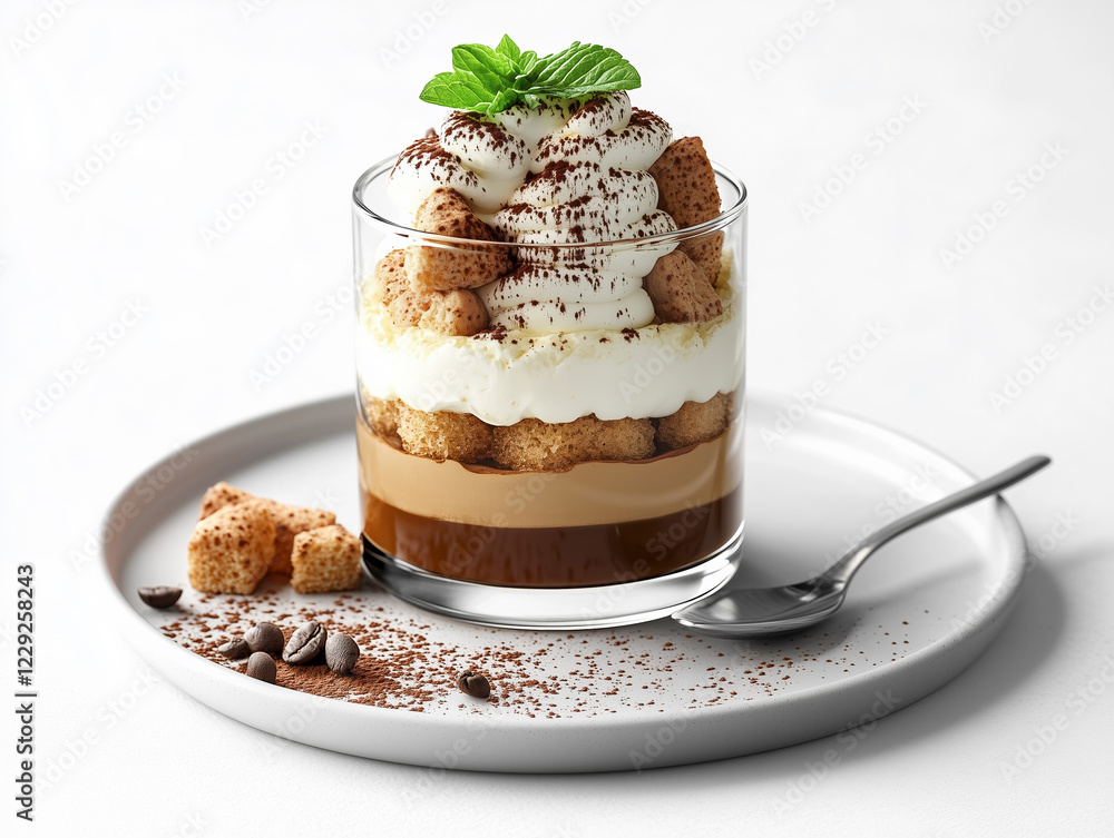 High-detail shot of a luxurious Tiramisu in a glass, perfect for food advertisements. High-detail shot of a luxurious Tiramisu in a glass, perfect for food advertisements.