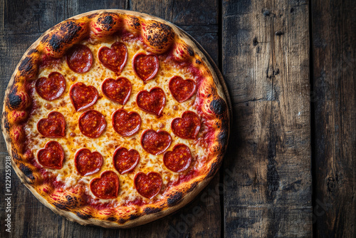 A delicious pizza topped with heart-shaped pepperoni slices, baked to perfection, displayed on a rustic wooden table. Perfect for romantic or Valentine's Day themes. photo