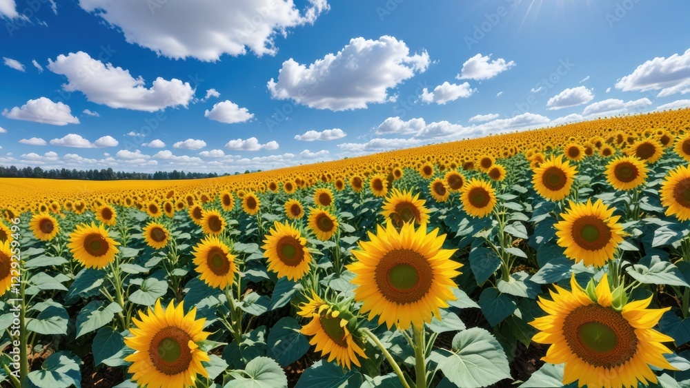 Obraz premium A bright and cheerful field of sunflowers with a clear blue sky