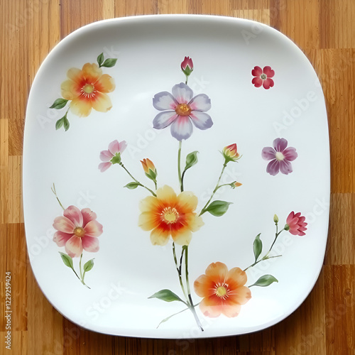 a rectangular plate with flowers painted on it. photo