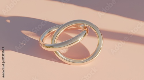 3d rendering of a gold ring on a pink background. the ring is in the shape of two intertwined rings, with the top ring slightly larger than the bottom one. photo