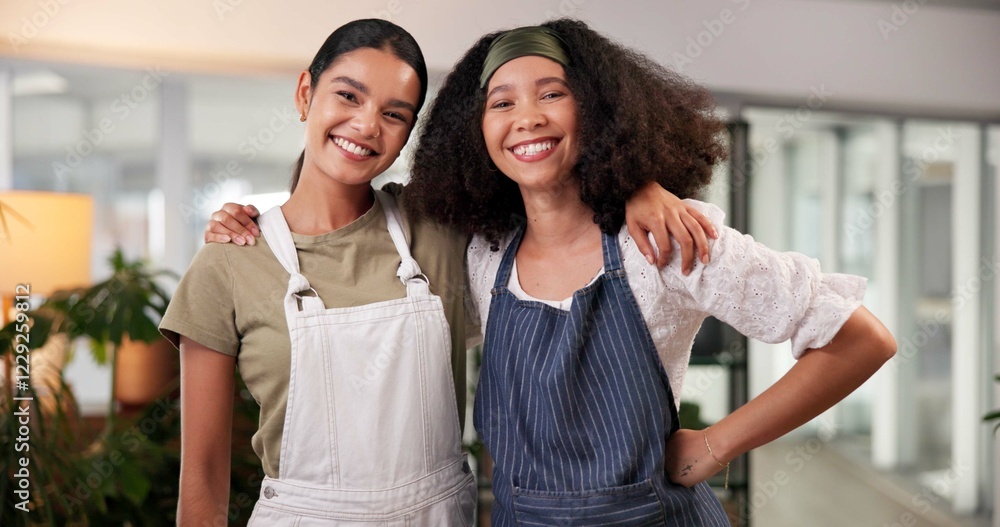 Women, florist and smile with partner at shop for portrait with support, hug or pride at small business. People, happy and team for botany, plants or together with sustainability at store in Colombia Women, florist and smile with partner at shop for portrait with support, hug or pride at small business. People, happy and team for botany, plants or together with sustainability at store in Colombia