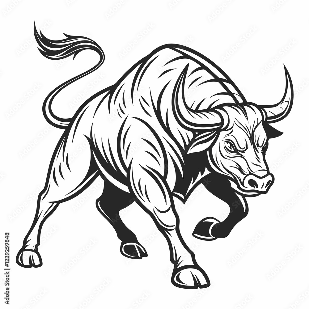 Fototapeta premium Fierce Bull Charging in Dynamic Line Art on Isolated White Background