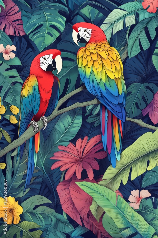 Obraz premium Vibrant Tropical Parrots in Lush Jungle . Children coloring page
