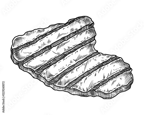 Grilled beef steak food illustration in the graphic line art style. Hand drawn vector outline element of meat meal. Perfect for menu creating and sketch drawing designs.