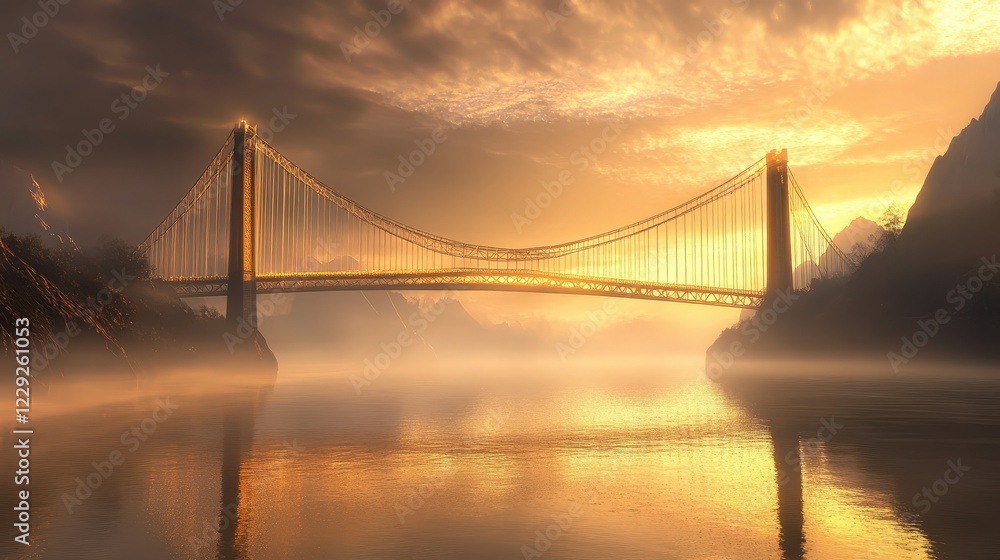 Fototapeta premium golden bridge stretching across a misty river, illuminated by the first light of dawn, exuding elegance.
