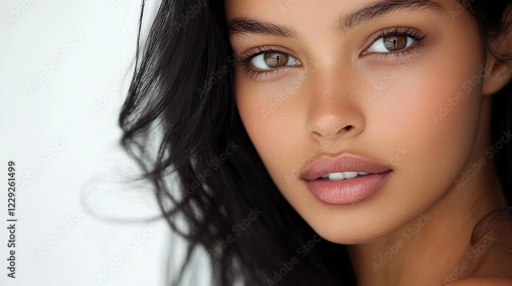 A close-up portrait of a beautiful young woman with dark black hair, and a serene expression, showcasing natural beauty and elegance and tranquility, professional studio portrait photography. White ba A close-up portrait of a beautiful young woman with dark black hair, and a serene expression, showcasing natural beauty and elegance and tranquility, professional studio portrait photography. White ba