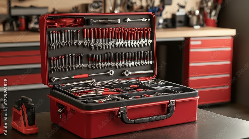 mechanic's toolbox filled with various wrenches, pliers, and ratchets, placed in a well-organized garage mechanic's toolbox filled with various wrenches, pliers, and ratchets, placed in a well-organized garage