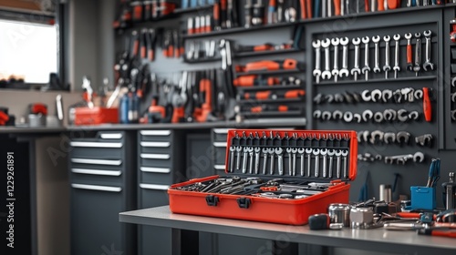 mechanic's toolbox filled with various wrenches, pliers, and ratchets, placed in a well-organized garage photo