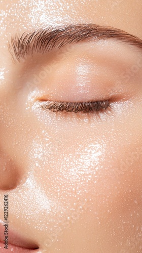 Close up of a woman's eye and face, covered in a shimmering, pearly substance. Soft lighting enhances the glow and texture. The skin appears smooth and healthy. photo