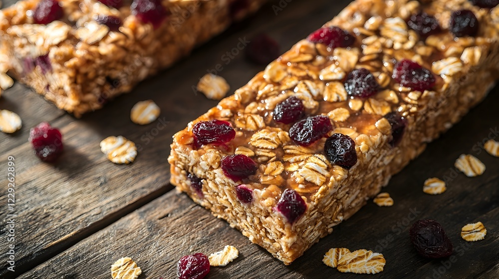 Fototapeta premium Cereals Crunchy Grain, Homemade Organic Cereal Bars with Dried Fruit and Oats on Rustic Wooden Background
