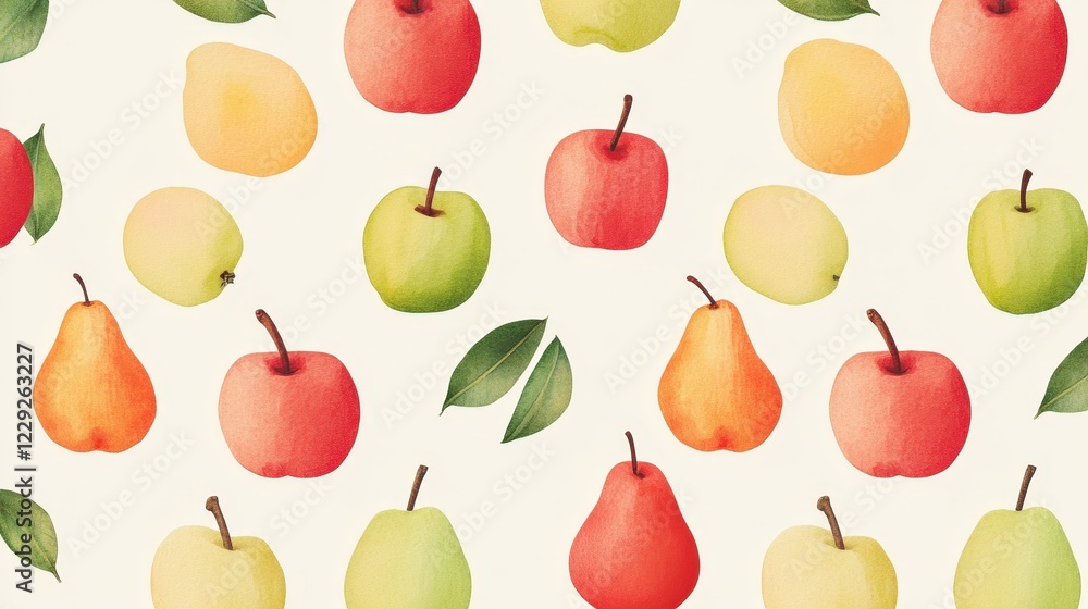 fruit pattern with evenly spaced apples and pears in various shades of red and green. fruit pattern with evenly spaced apples and pears in various shades of red and green.