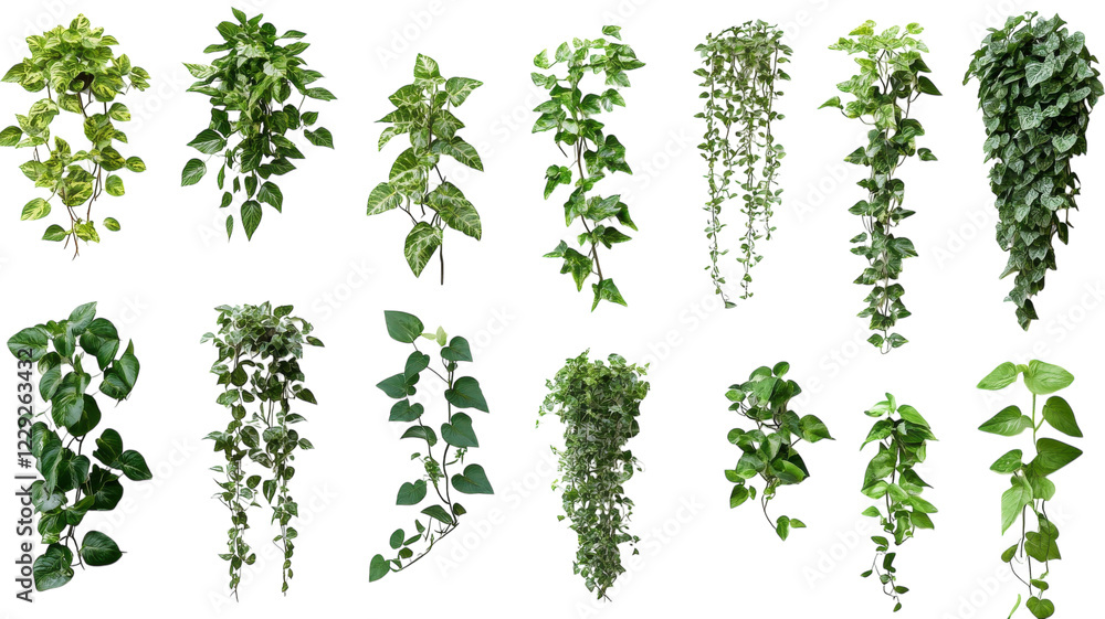 Diverse selection of hanging indoor plants showcasing different shapes, colors, and textures in a bright setting Diverse selection of hanging indoor plants showcasing different shapes, colors, and textures in a bright setting
