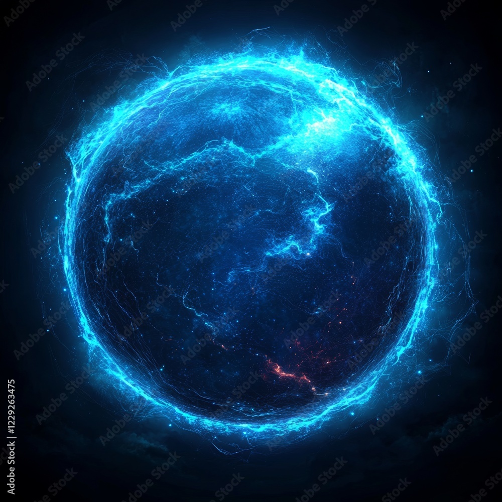 Obraz premium An abstract 3D sphere adorned with twist lines, showcasing glowing lines that constitute a futuristic logo design, evoking an outer space object. It incorporates sphere particles in a 3D rendering