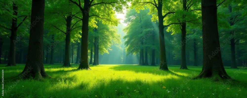 Obraz premium Tall trees surround a lush green meadow in the forest clearing, trees, tranquility