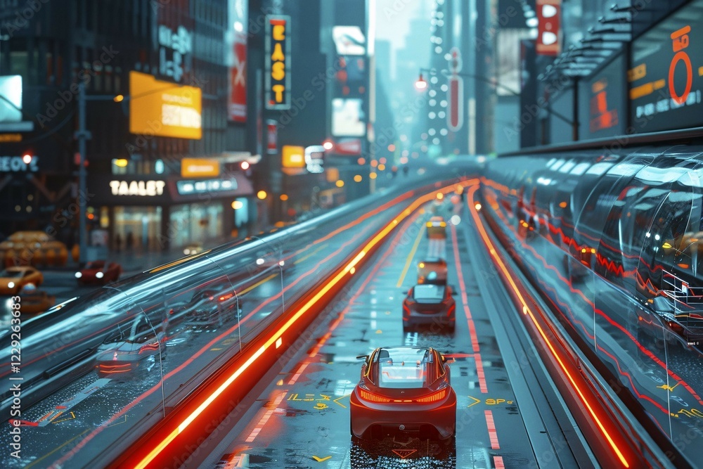 Vibrant futuristic cityscape with traffic and neon lights on wet roads, capturing urban dusk ambiance, AI generated Vibrant futuristic cityscape with traffic and neon lights on wet roads, capturing urban dusk ambiance, AI generated