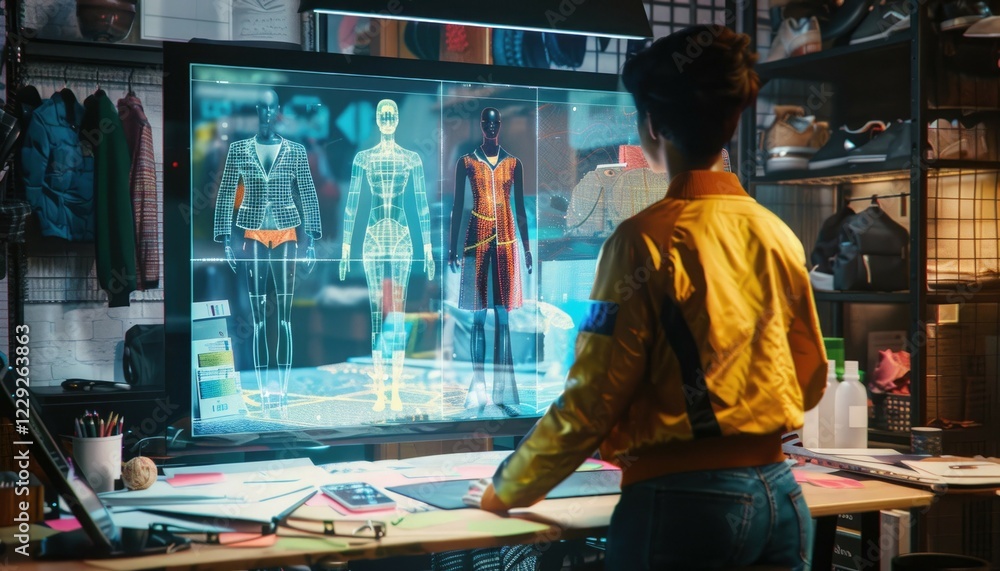 Obraz premium A fashion designer in a chic studio with an AI assistant as a holographic mannequin displaying various outfits, offering real-time design adjustments. AIG60