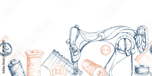Sewing craft supplies. Vintage retro sewing machine, thread floss bobbins, fabric, buttons. Hand drawn ink vector illustration. Isolated seamless banner. Design boutique atelier, tailor, hobby shop