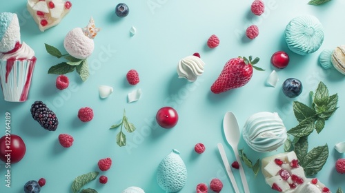 Pastel macarons and berries on a vibrant surface