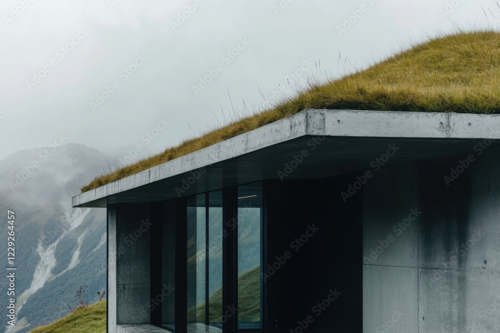 Fototapeta premium Modern architectural design featuring a green roof on a minimalist building in a mountainous region under cloudy skies enhancing natural surroundings