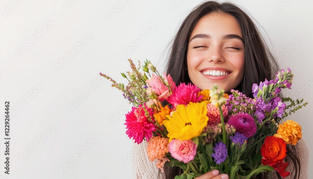 Smiling woman holding a colorful bouquet, radiating warmth and femininity against a white background Smiling woman holding a colorful bouquet, radiating warmth and femininity against a white background