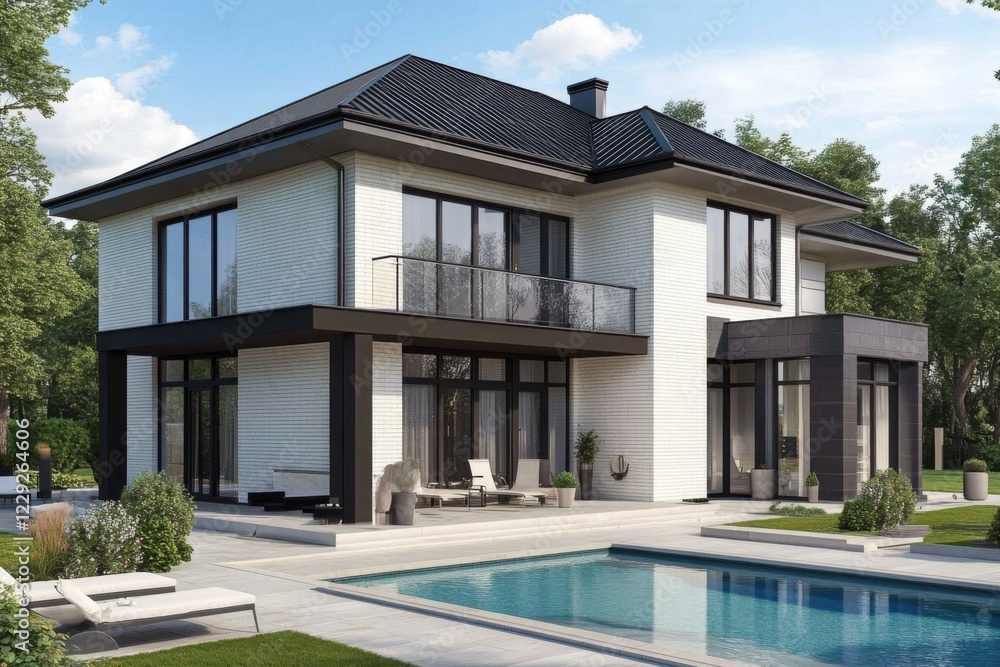 Fototapeta premium Modern two-story house with large windows and swimming pool in a peaceful backyard garden surrounded by trees on a sunny day