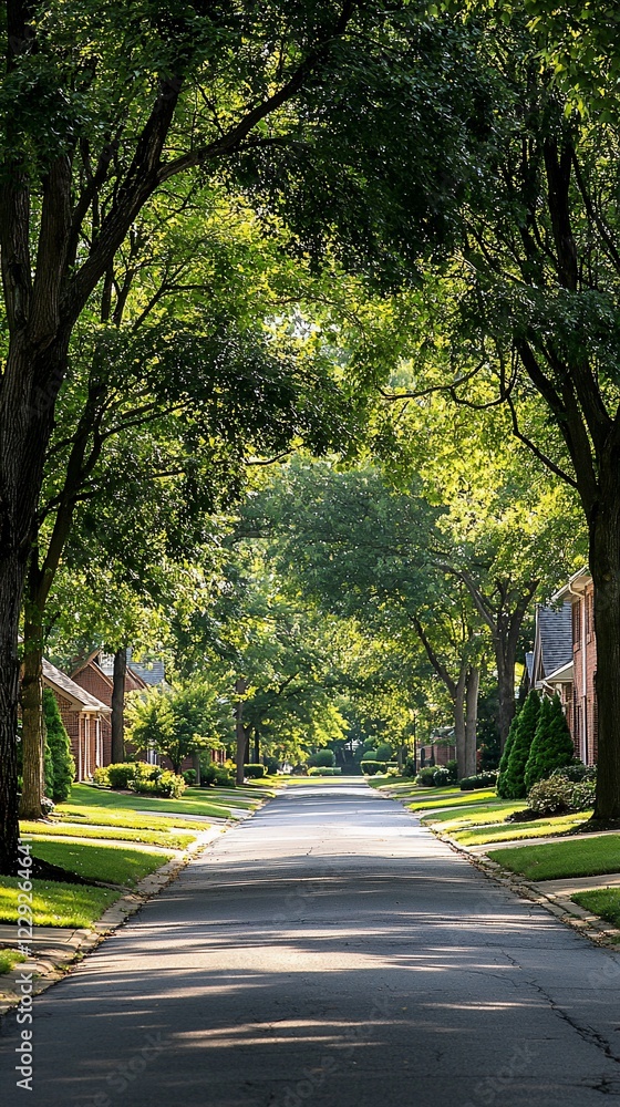 Obraz premium Sunlit residential street lined with lush green trees.