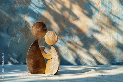An iron sculpture of a mother and child with long shadows on a sunlit background, Mother's Day, AI generated, AI generated