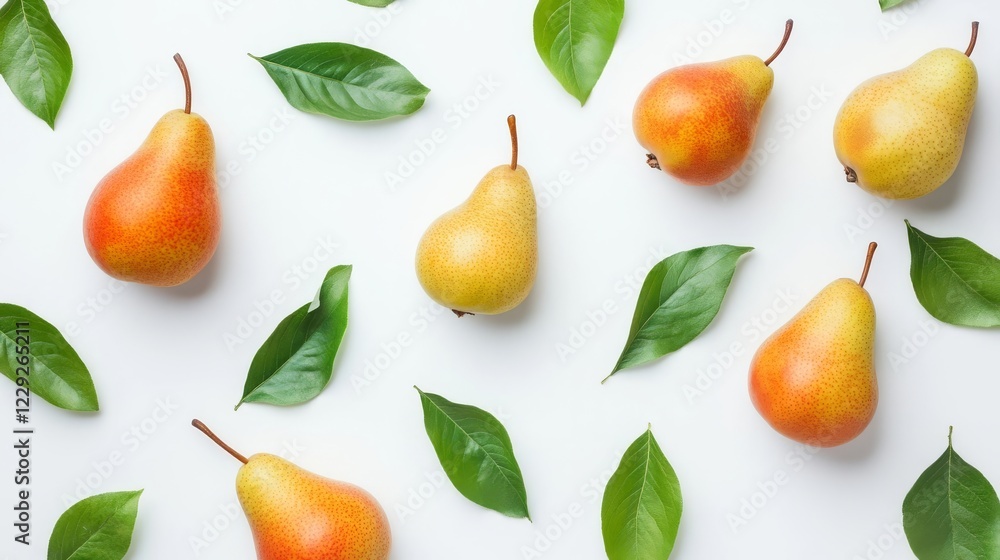 Obraz premium Variety of ripe pears and green leaves arranged on a white surface for culinary inspiration and healthy eating