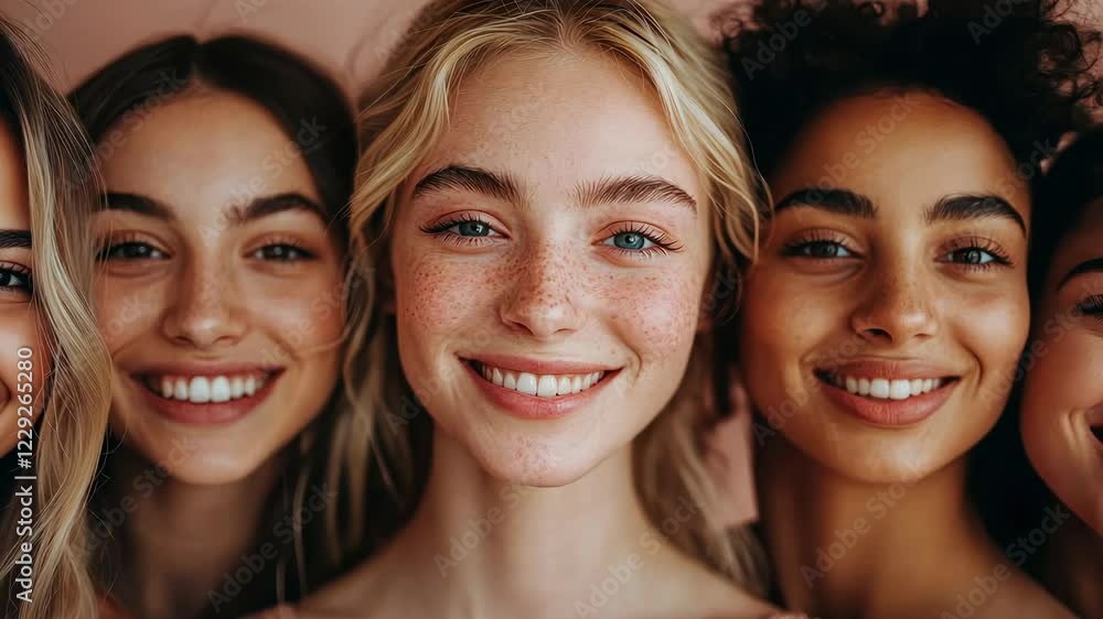 Joyful group of diverse women smiling together with natural beauty in closeup sequence Joyful group of diverse women smiling together with natural beauty in closeup sequence