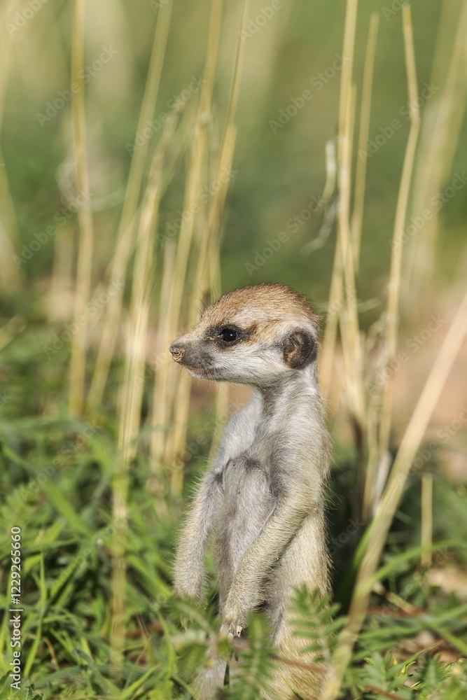 Fototapeta premium Suricate (Suricata suricatta), young on the lookout, during the rainy season in green surroundings, Kalahari Desert, Kgalagadi Transfrontier Park, South Africa, Africa