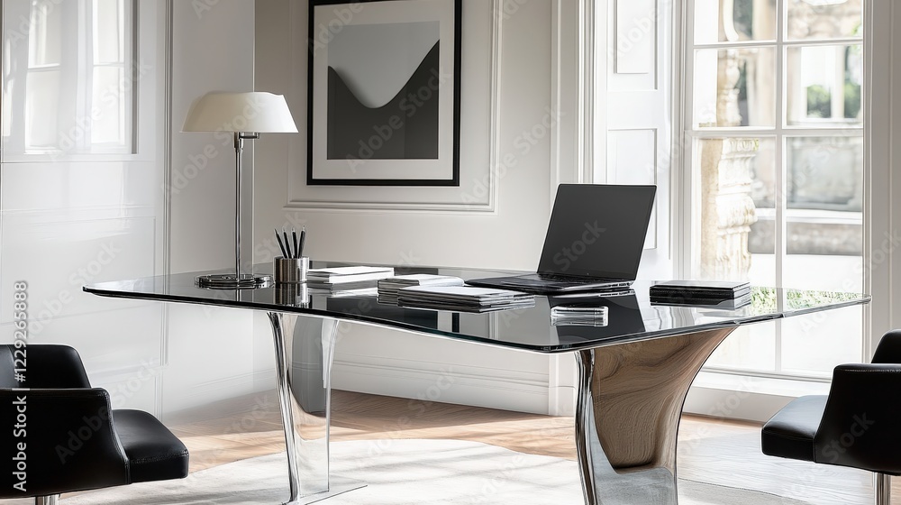 work desk setup with a laptop, stylish desk lamp, and a set of high-quality pens on a sleek glass desk, surrounded by white walls and natural light. work desk setup with a laptop, stylish desk lamp, and a set of high-quality pens on a sleek glass desk, surrounded by white walls and natural light.