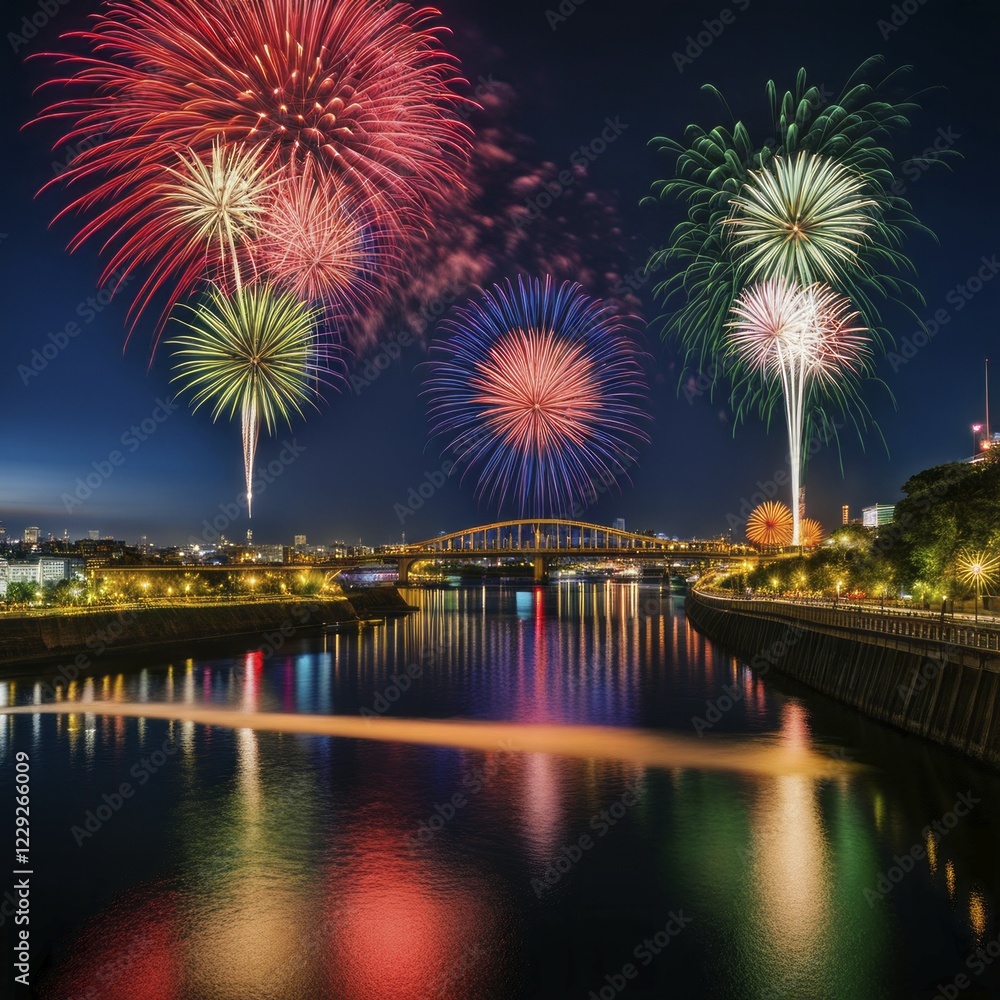 Fototapeta premium Fireworks illuminate the sky above a city river, with a bridge and buildings reflecting the vibrant display, AI generated
