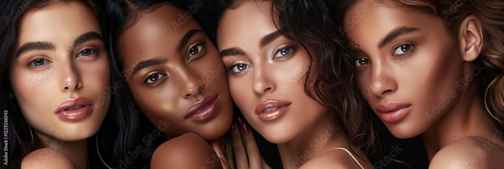 Fototapeta premium Enjoying diverse beauty a confident group of young women with flawless, radiant skin. They exude charm and elegance with trendy and multicultural styles, portraying a modern and vibrant image