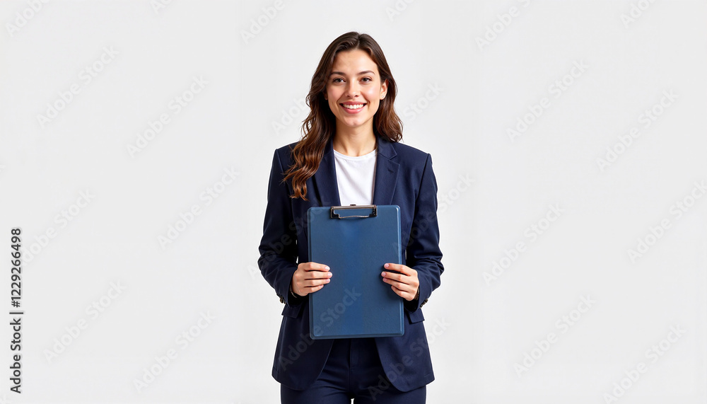 Smiling woman in business suit holding clipboard against white background Smiling woman in business suit holding clipboard against white background
