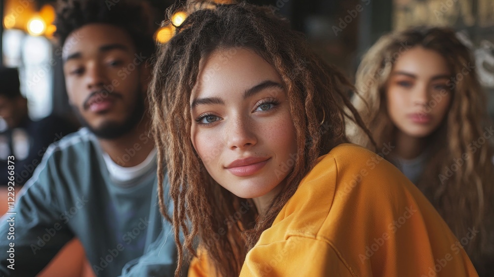a young woman with dreadlocks, wearing a yellow sweatshirt, looks directly at the camera with a confident and friendly expression. She is surrounded by her friends. a young woman with dreadlocks, wearing a yellow sweatshirt, looks directly at the camera with a confident and friendly expression. She is surrounded by her friends.