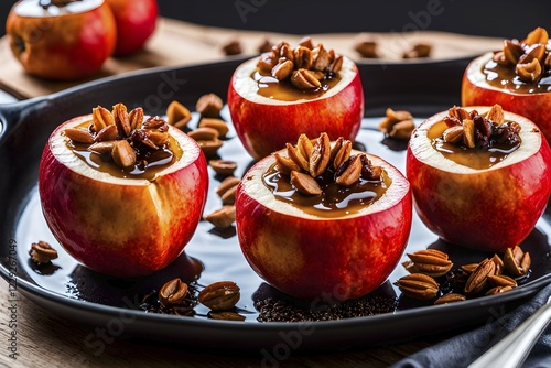 Baked apples stuffed with cinnamon nuts honey, AI generated photo