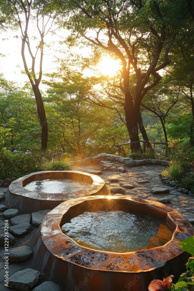 Enjoy a soothing evening at a natural hot spring, enveloped by vibrant green trees and the breathtaking beauty of a sunset in a perfect outdoor setting Enjoy a soothing evening at a natural hot spring, enveloped by vibrant green trees and the breathtaking beauty of a sunset in a perfect outdoor setting