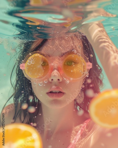beautiful woman diving with orange slices