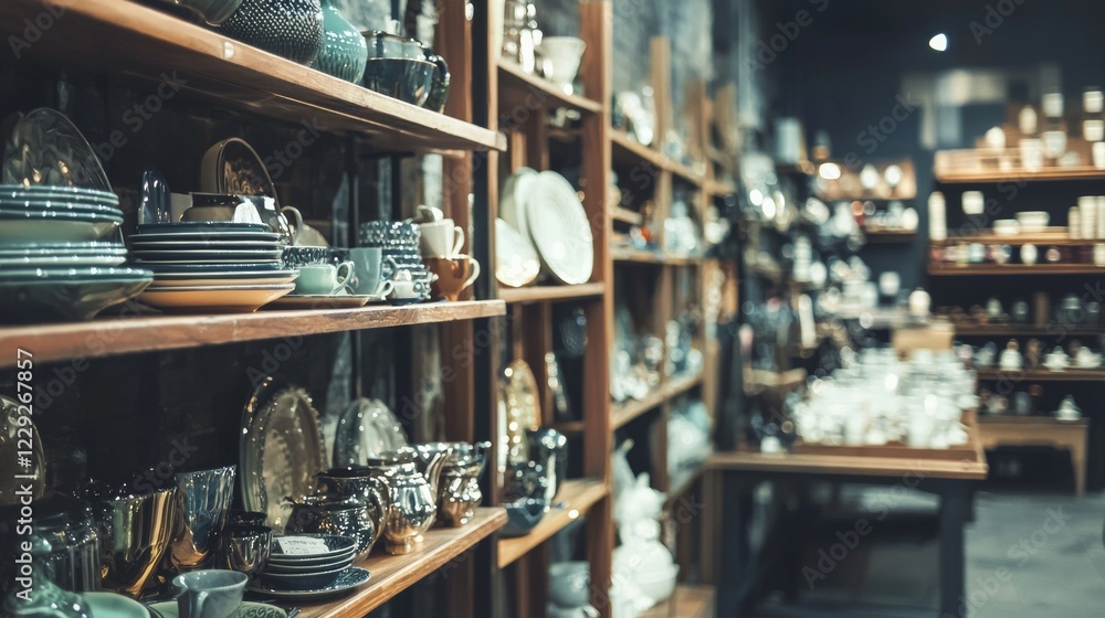 Fototapeta premium Luxury glassware displayed on wooden shelves