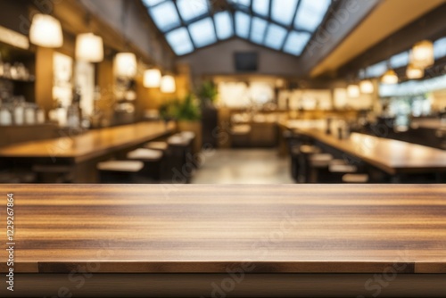 Wallpaper Mural Wooden table in a modern restaurant with warm lighting and cozy atmosphere featuring open seating and ceiling windows, AI generated Torontodigital.ca