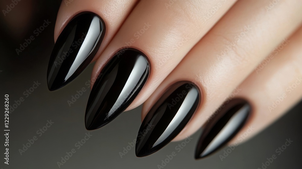Elegant black nail design showcasing glossy finish and sharp shape on a manicured hand in a close-up setting Elegant black nail design showcasing glossy finish and sharp shape on a manicured hand in a close-up setting