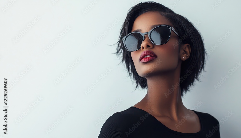 Elegant woman wearing stylish sunglasses, exuding confidence and mystery against a minimalist white background Elegant woman wearing stylish sunglasses, exuding confidence and mystery against a minimalist white background