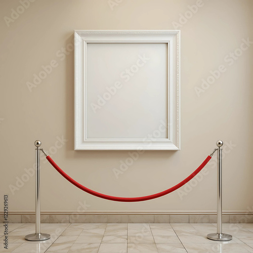 Fototapeta Naklejka Na Ścianę i Meble -  Elegant empty white picture frame on a beige wall, protected by a red velvet rope. Perfect for mockups.